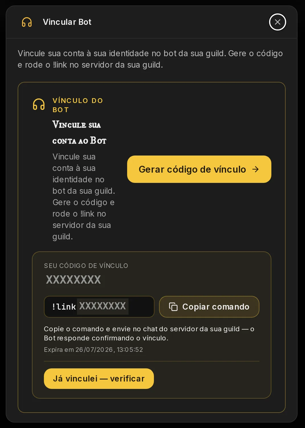 Passo 1 — Página tibiawatch.com/link com o código gerado