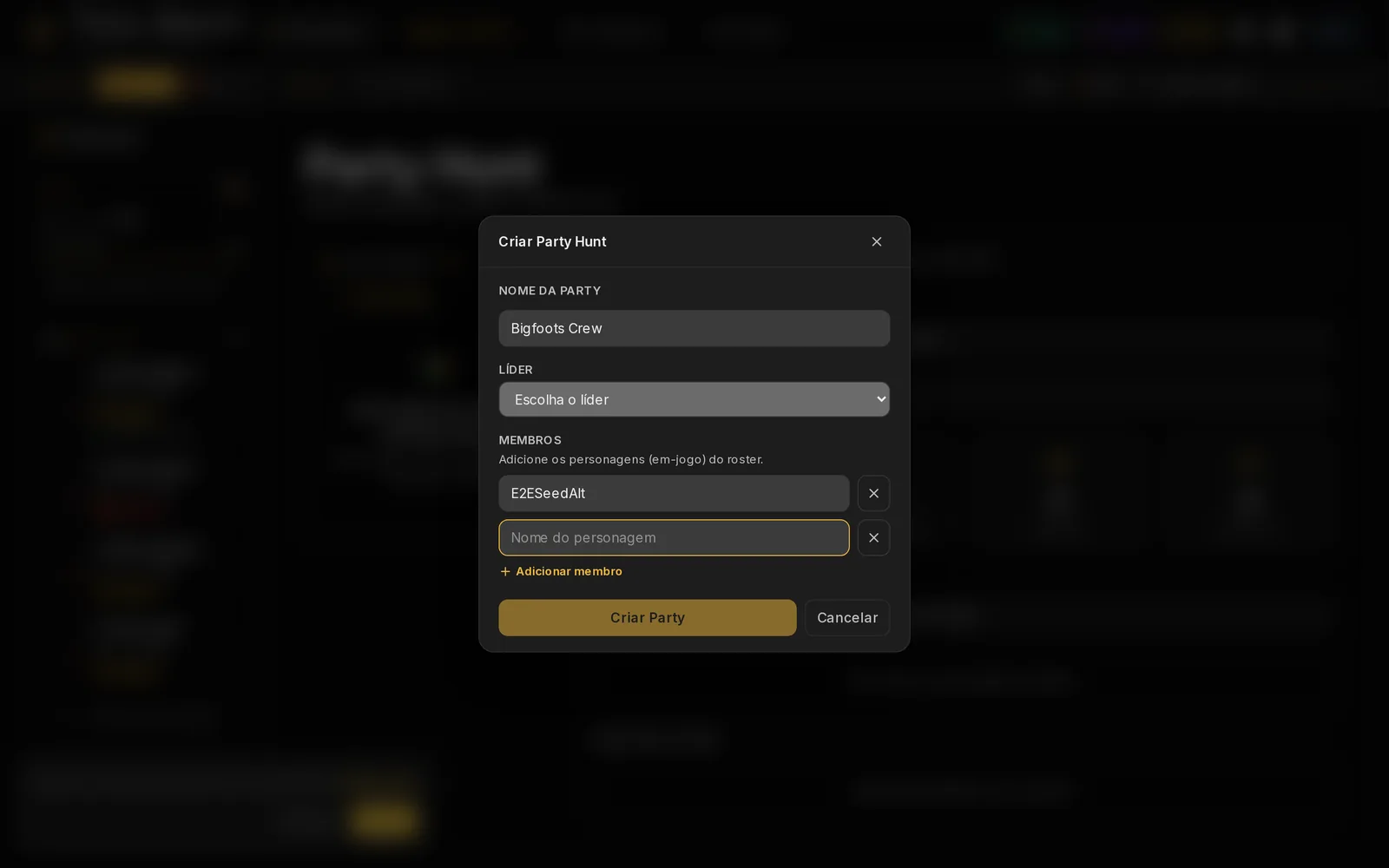 Criando a party — Modal "Criar Party Hunt" preenchido