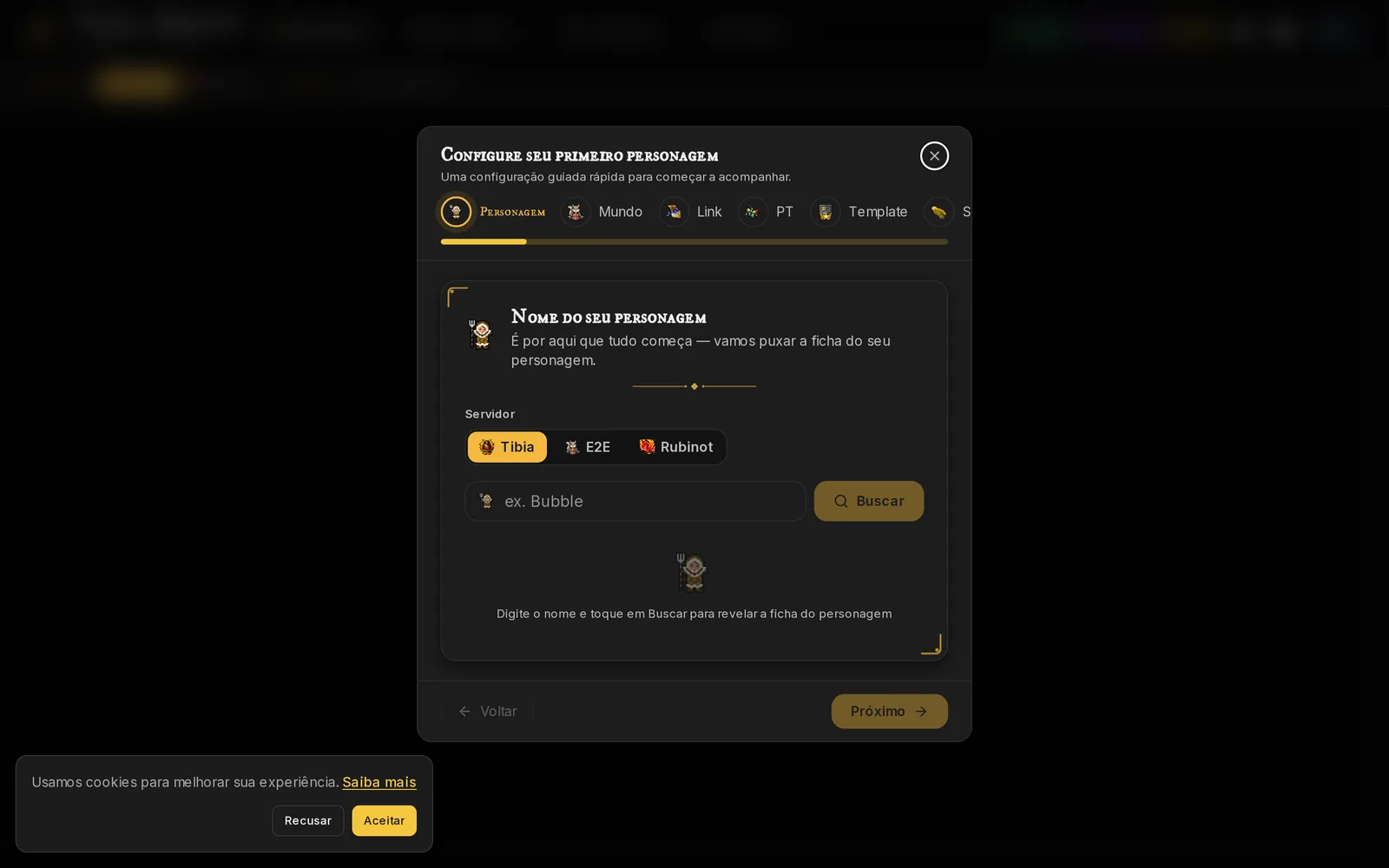 Configuração guiada — etapa 1, escolha do servidor e busca