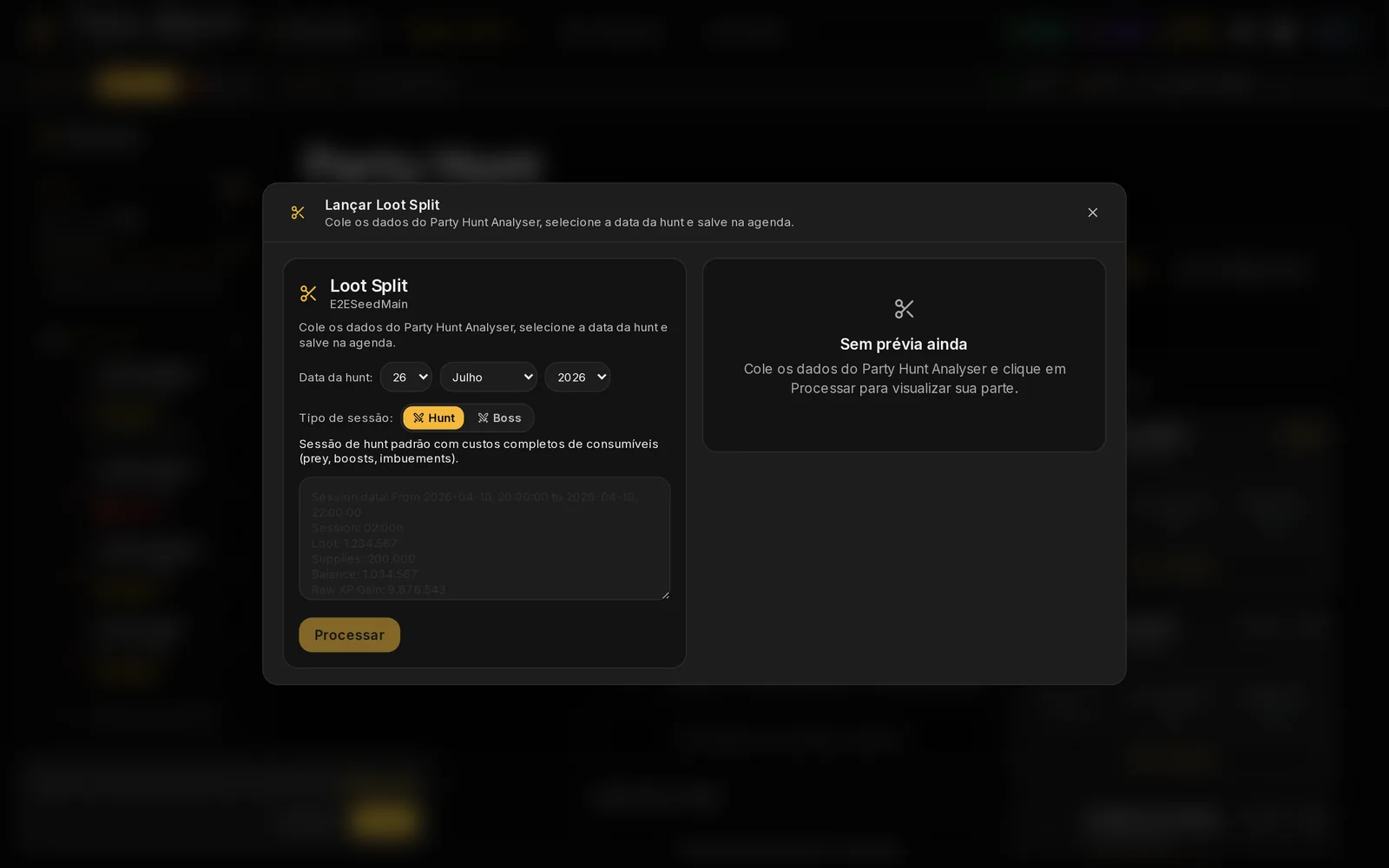 Lançar Loot Split — data, tipo de sessão e a caixa de colar