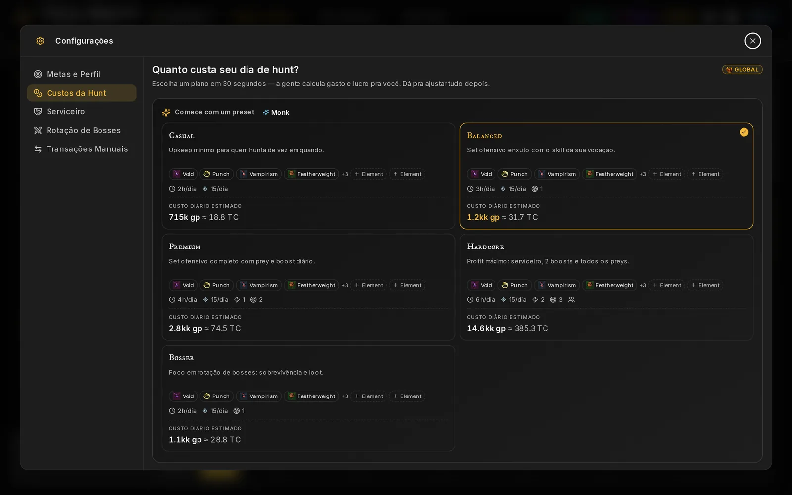 Os cinco planos de custo, com o custo diário estimado
